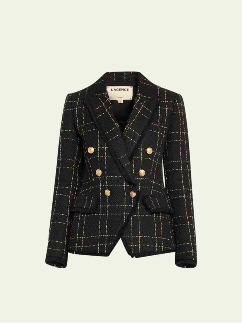 L'AGENCE Black Windowpane Double-Breasted Tweed Blazer with Gold Buttons